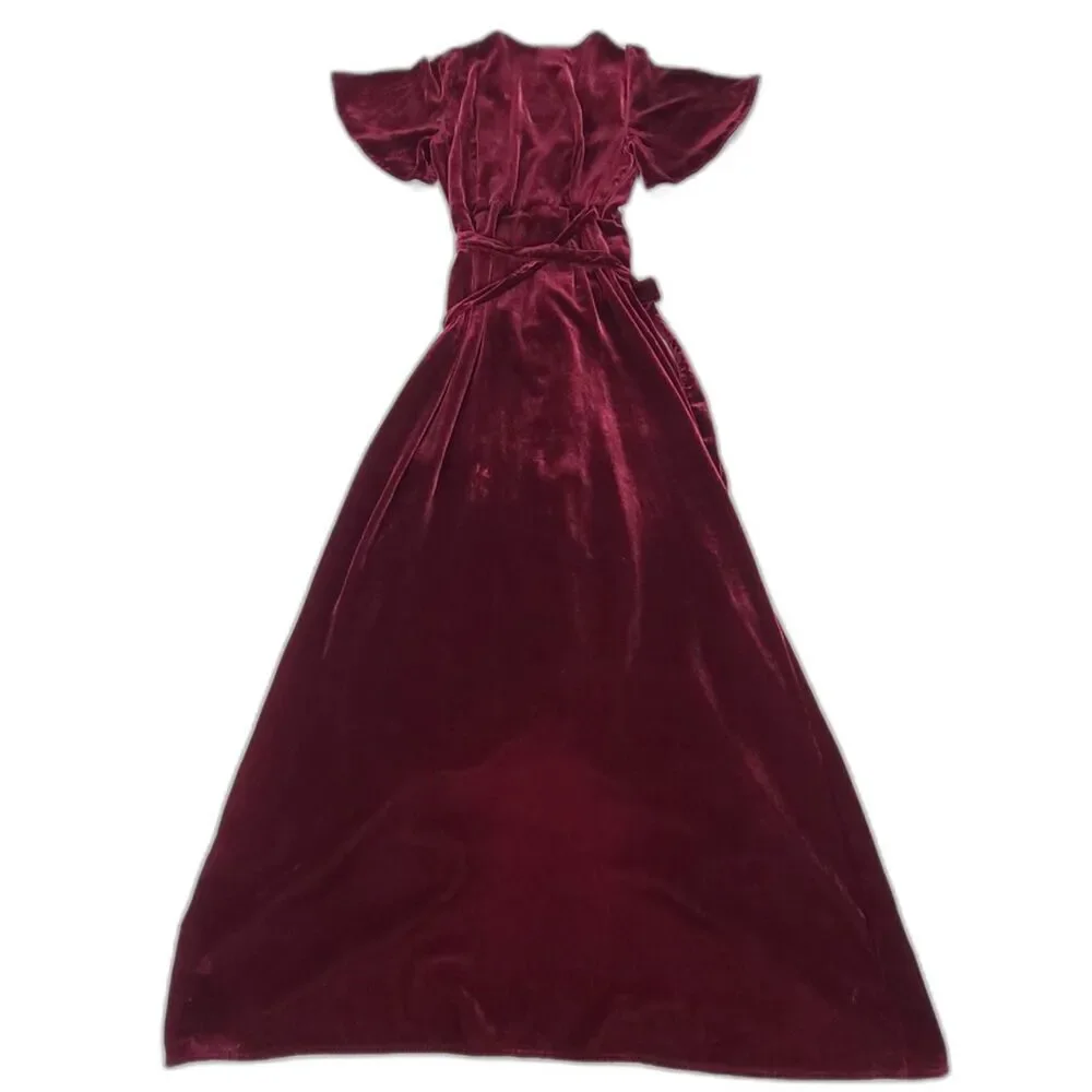 PRIVACY PLEASE Krause Crushed Velvet Maxi Wrap Dress Romantic Burgundy Small - Picture 6 of 7